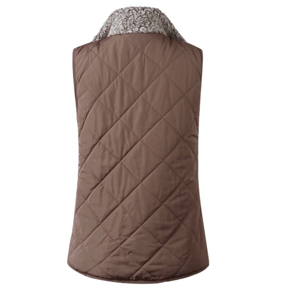 Brown Sherpa Reversible Quilted Zip Up Puffer Vest - Picture 6 of 6